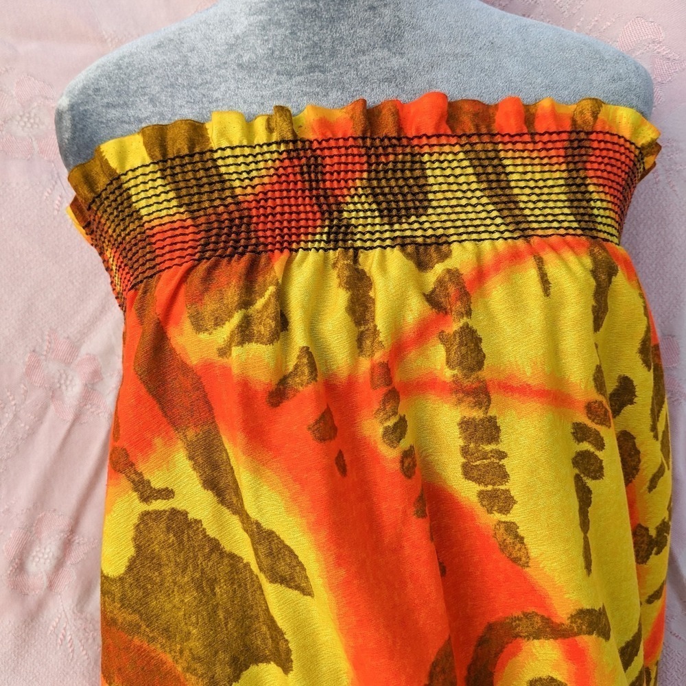 Vintage 70s Hawaiian Strapless Maxi Dress M ILGWU Neon Abstract Tiki Resort - Picture 2 of 15